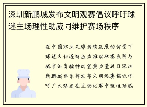 深圳新鹏城发布文明观赛倡议呼吁球迷主场理性助威同维护赛场秩序