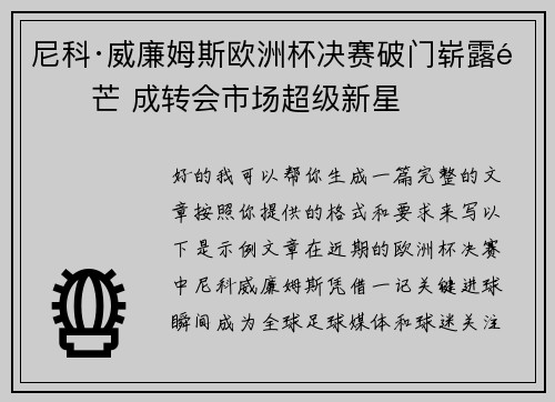 尼科·威廉姆斯欧洲杯决赛破门崭露锋芒 成转会市场超级新星